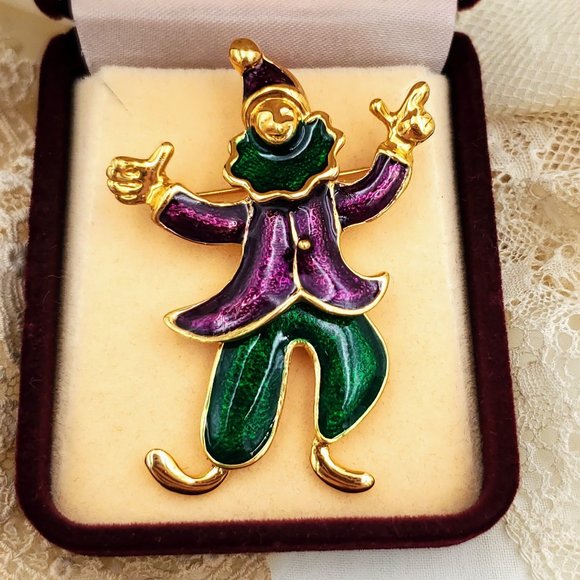 Articulated Clown Hard Enamel Pin, Cute Holiday Shawl Scarf Brooch - Picture 1 of 10